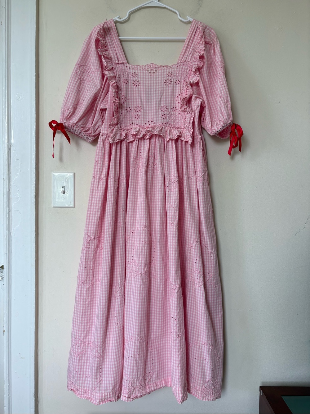 Damson Madder Rhea Puff-Sleeve Midi Dress Pink Gingham Sz US 10 - Picture 5 of 16
